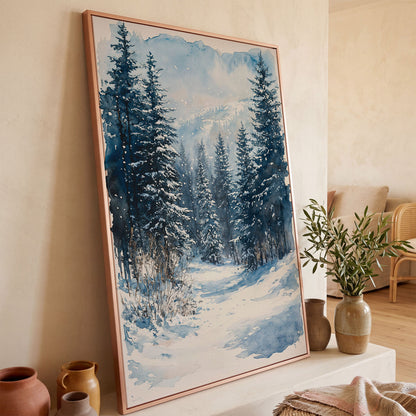 Snowy Pine Forest Canvas with Distant Mountains in rose gold floating frame