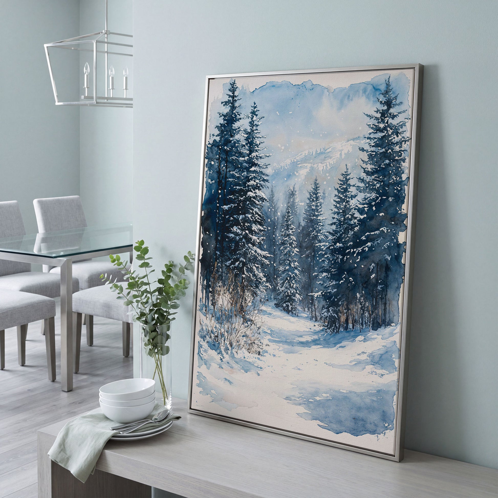 Snowy Pine Forest Canvas with Distant Mountains in silver floating frame