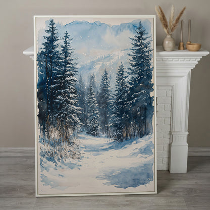 Snowy Pine Forest Canvas with Distant Mountains in white floating frame