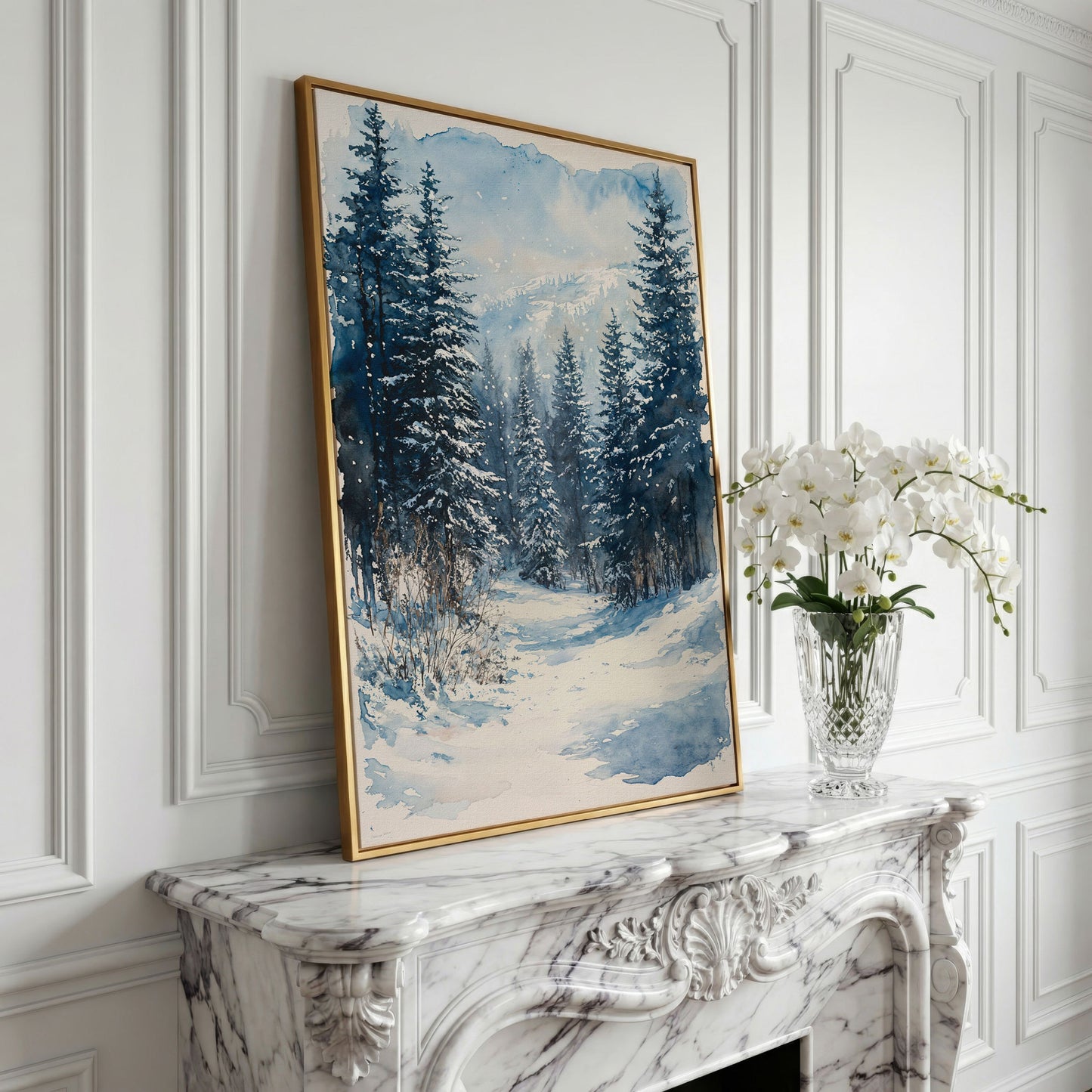 Snowy Pine Forest Canvas with Distant Mountains in yellow gold floating frame