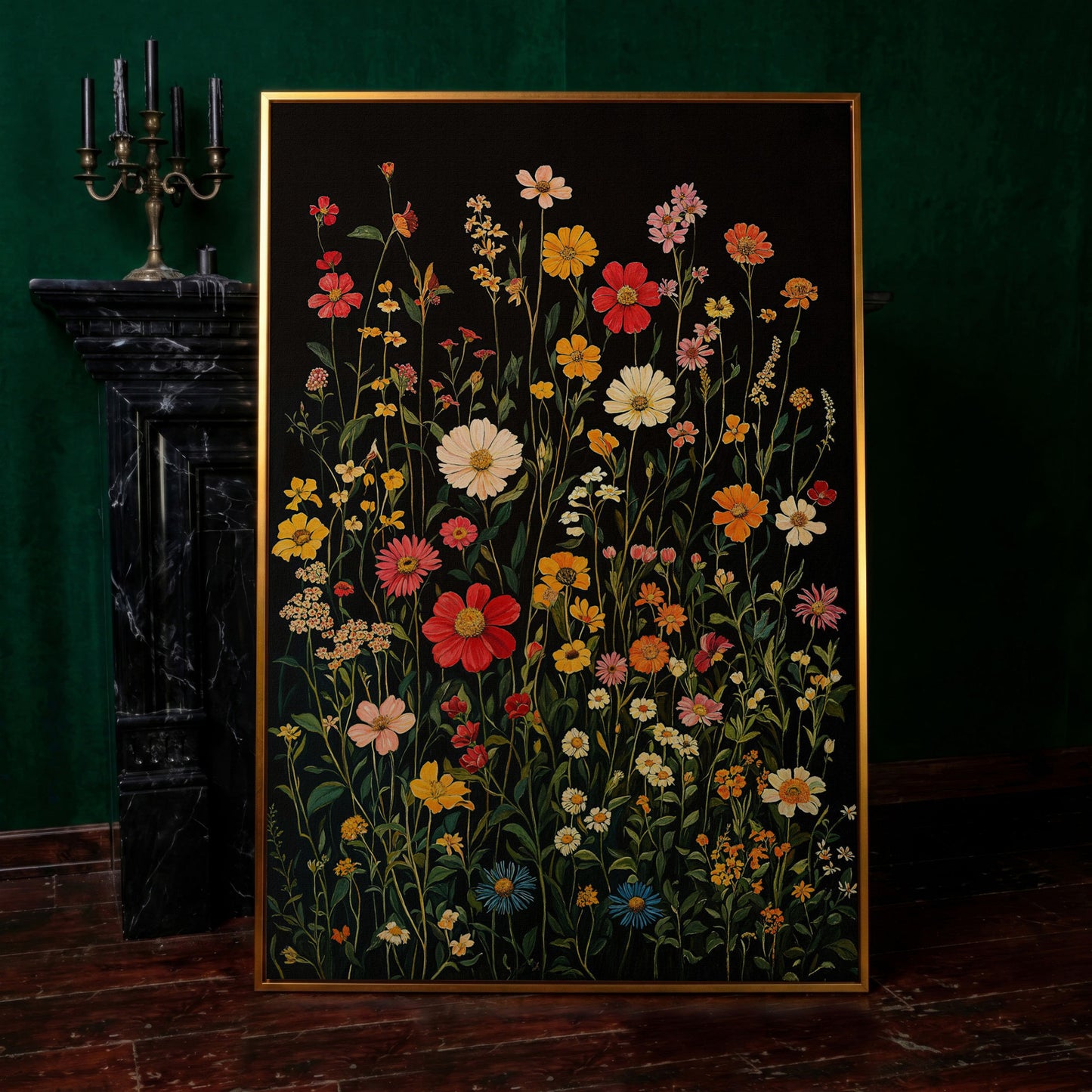 Spring Wildflowers on Black Canvas in antique gold floating frame