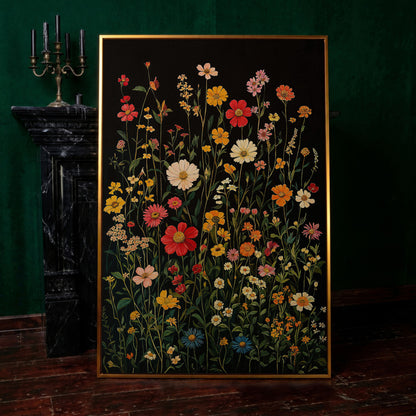 Spring Wildflowers on Black Canvas in antique gold floating frame