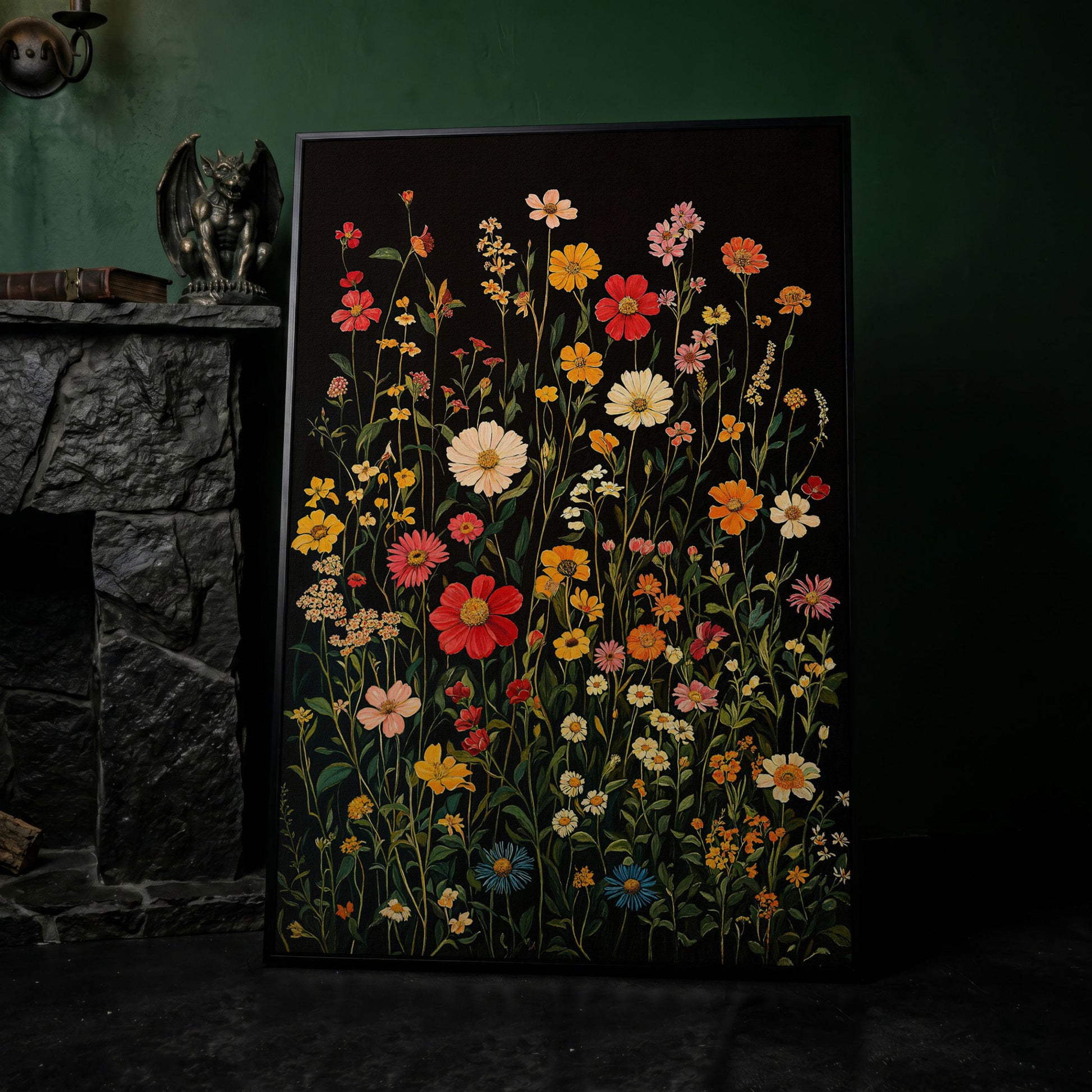 Spring Wildflowers on Black Canvas in black floating frame