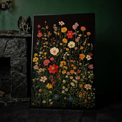 Spring Wildflowers on Black Canvas in black floating frame
