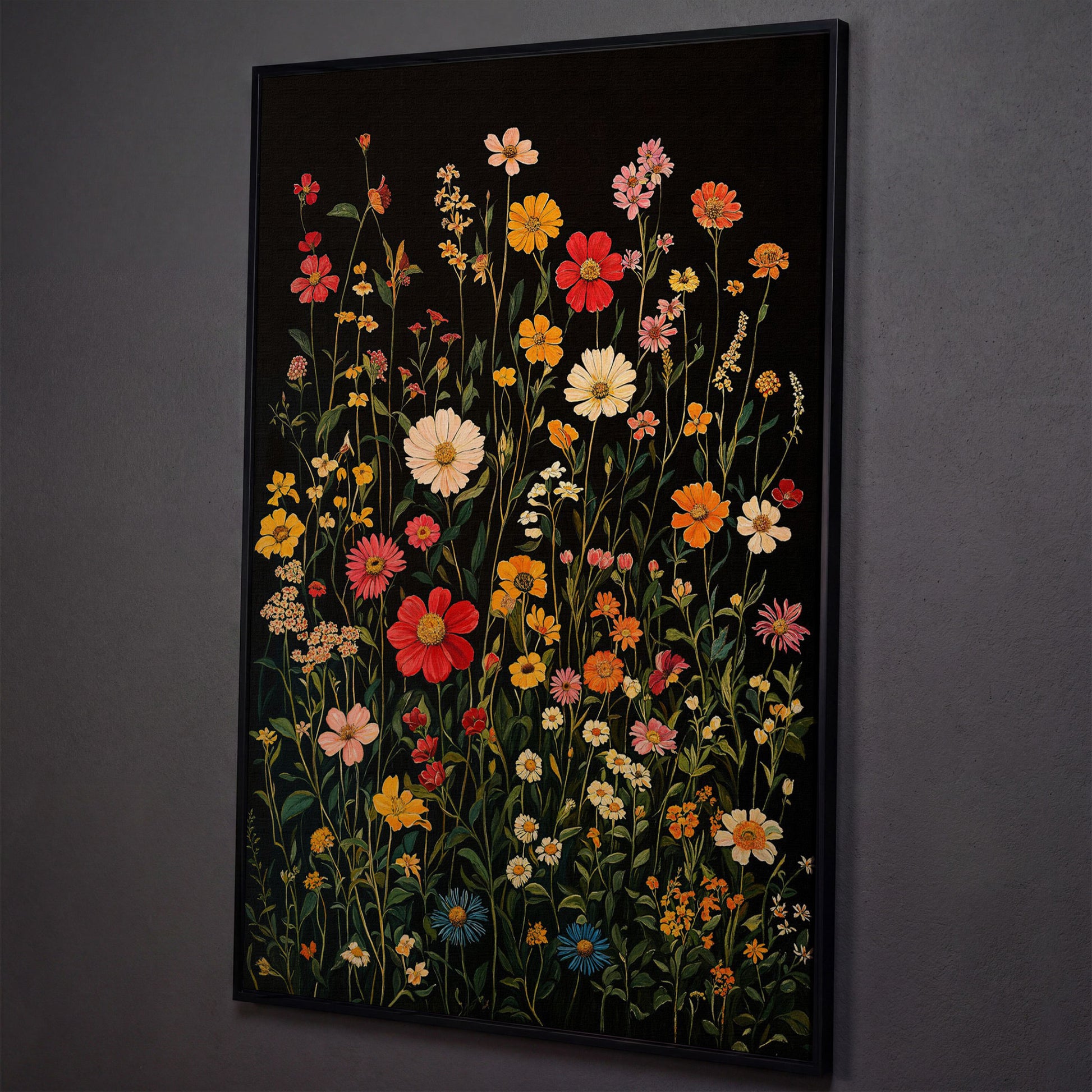 Spring Wildflowers on Black Canvas shown in black floating frame