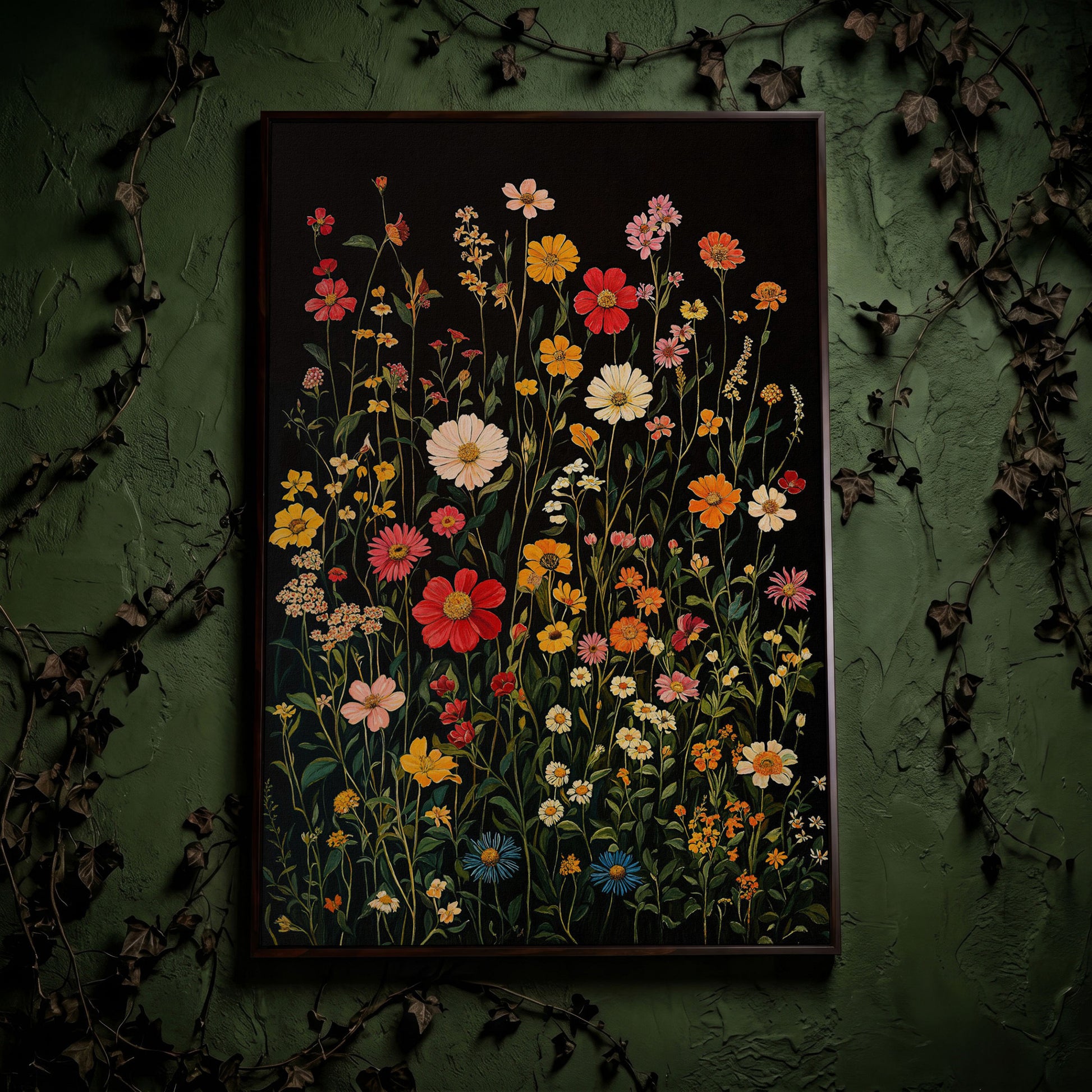 Spring Wildflowers on Black Canvas in dark walnut floating frame
