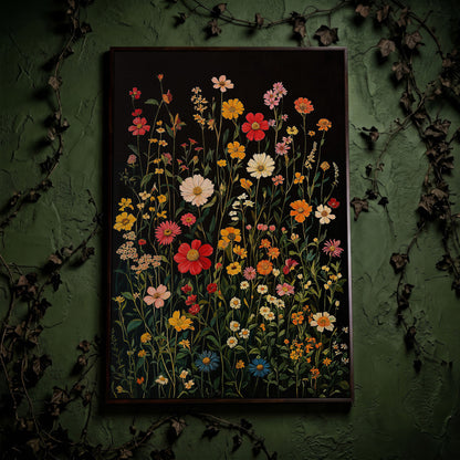 Spring Wildflowers on Black Canvas in dark walnut floating frame