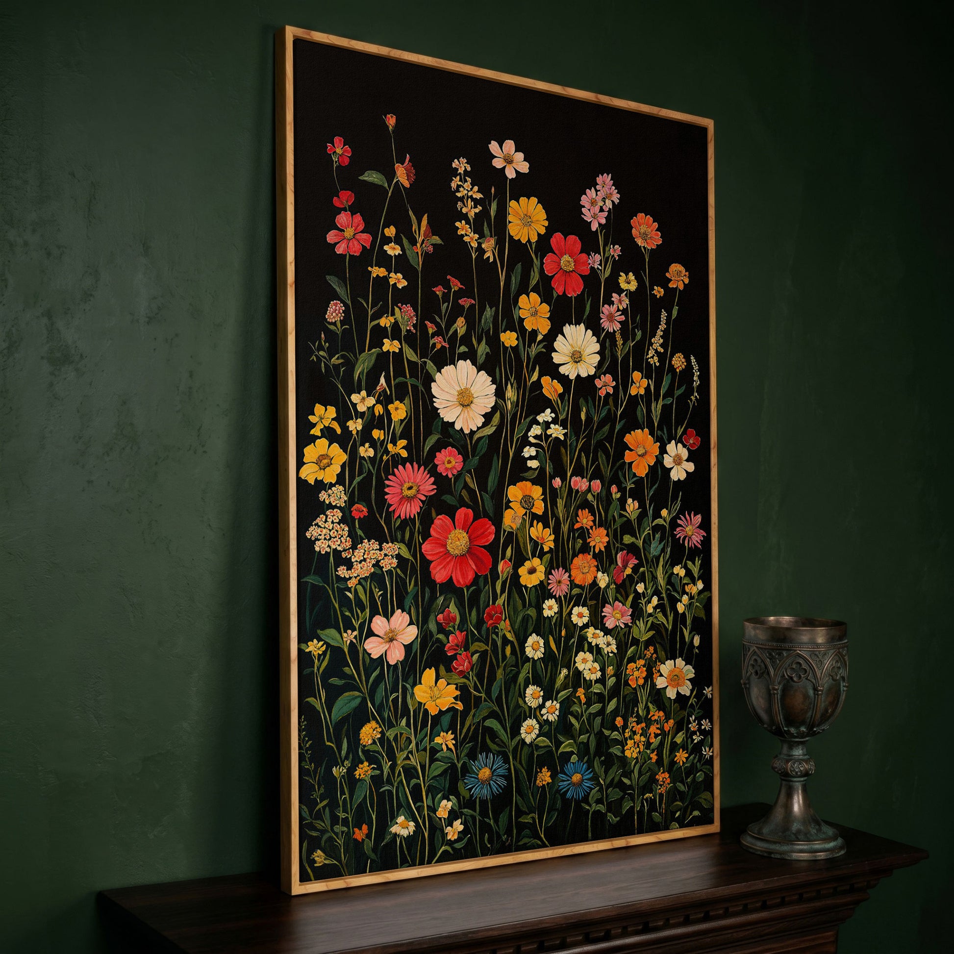 Spring Wildflowers on Black Canvas in white oak floating frame