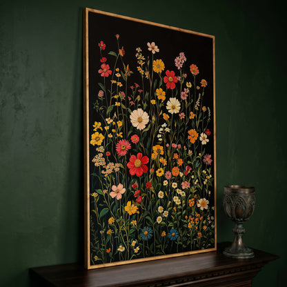 Spring Wildflowers on Black Canvas in white oak floating frame