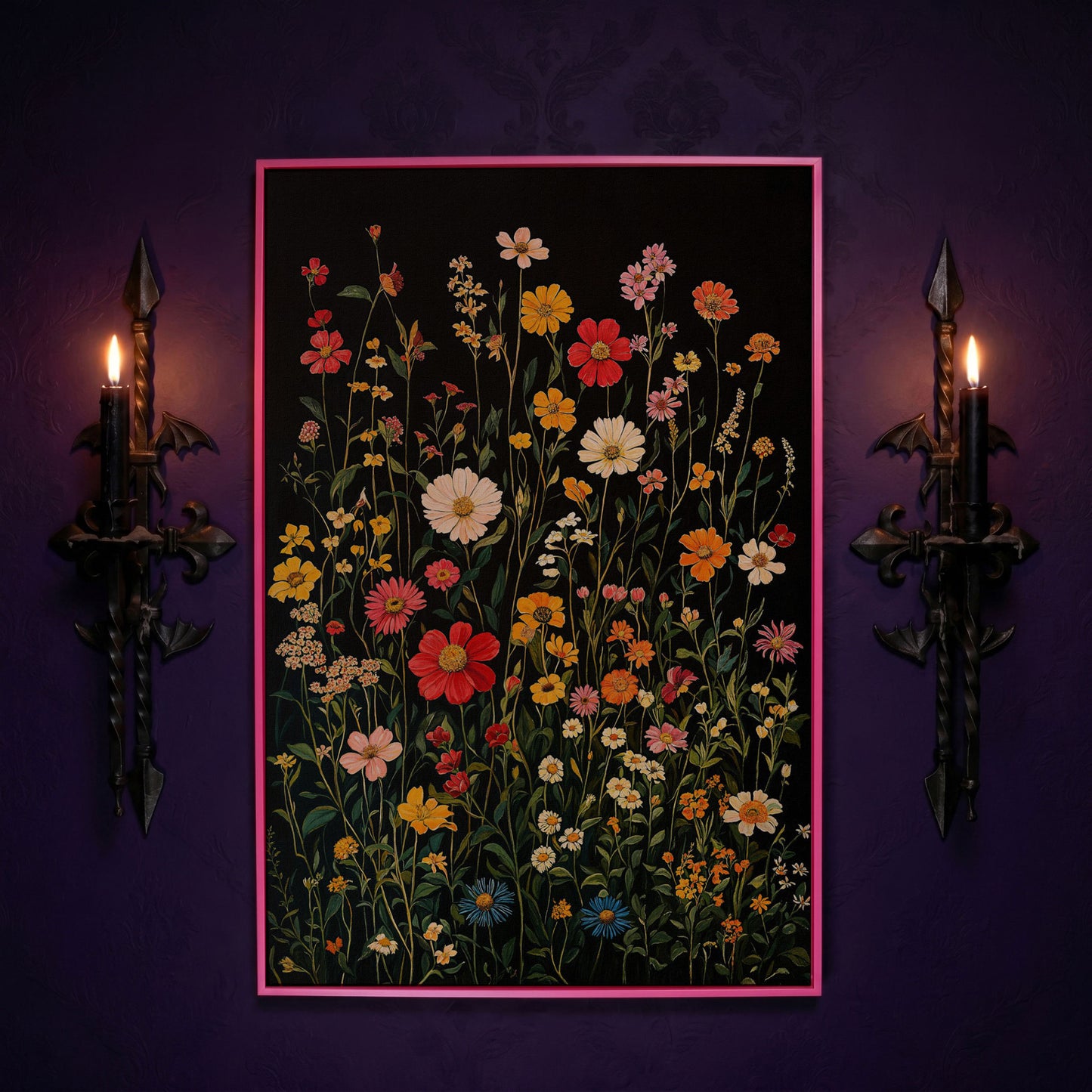Spring Wildflowers on Black Canvas in pink floating frame