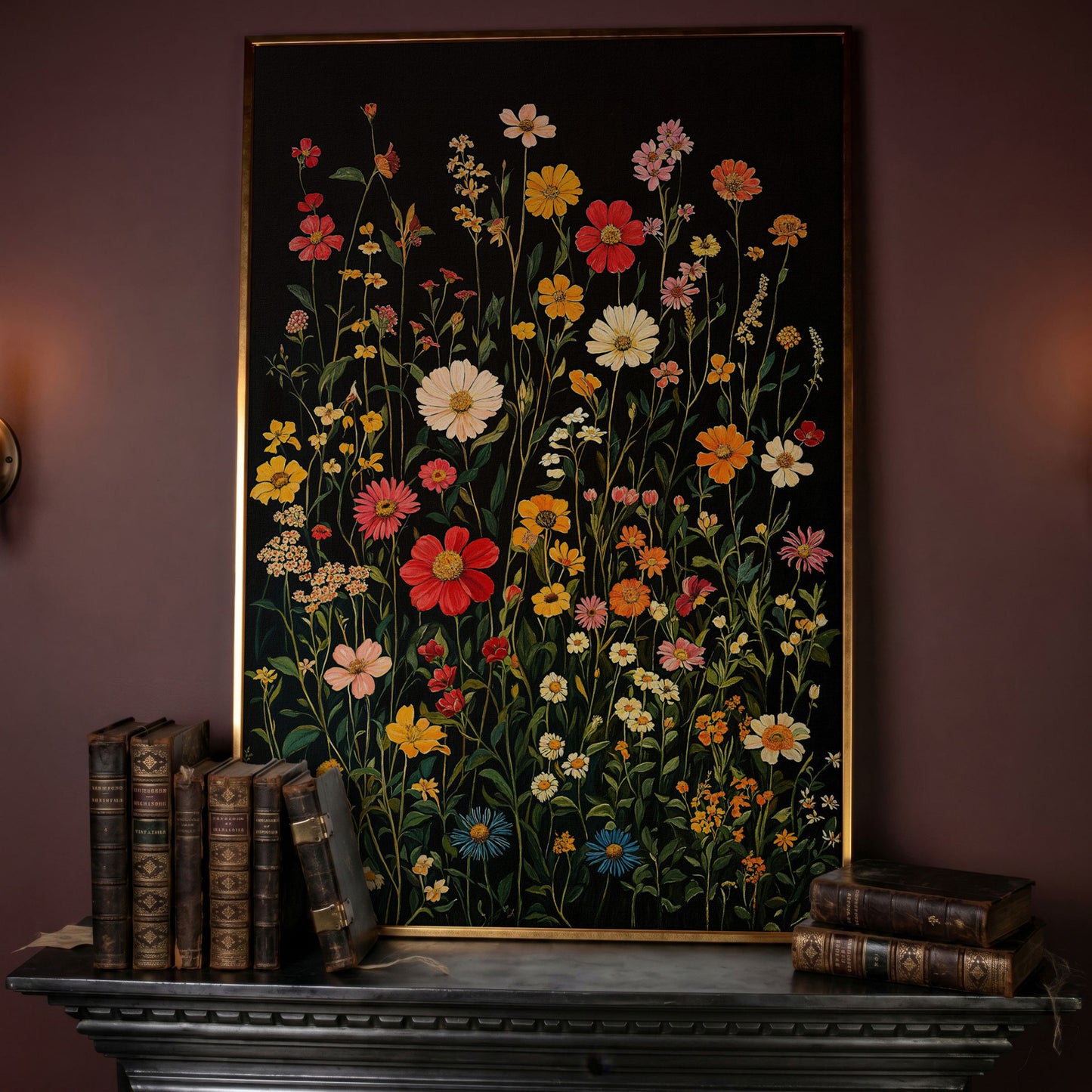 Spring Wildflowers on Black Canvas in rose gold floating frame