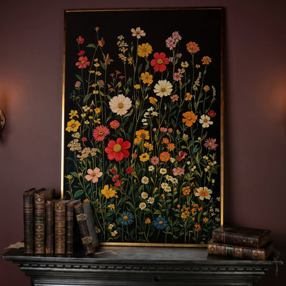 Spring Wildflowers on Black Canvas in rose gold floating frame