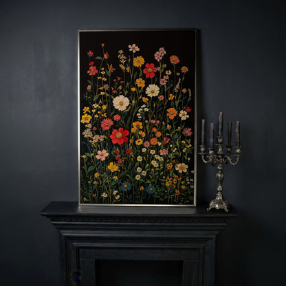 Spring Wildflowers on Black Canvas in silver floating frame