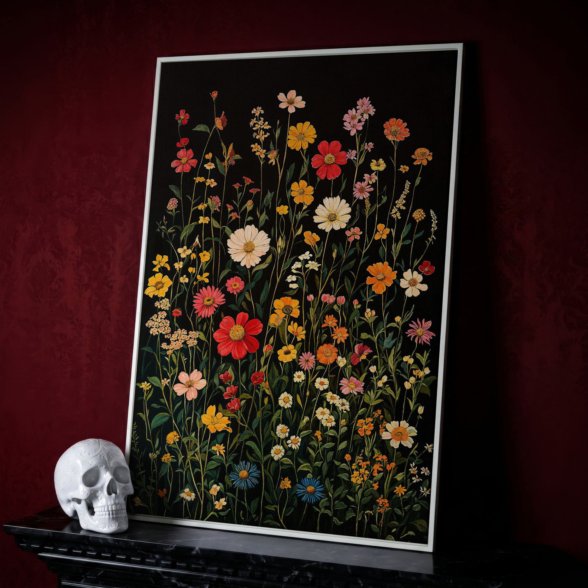 Spring Wildflowers on Black Canvas in white floating frame