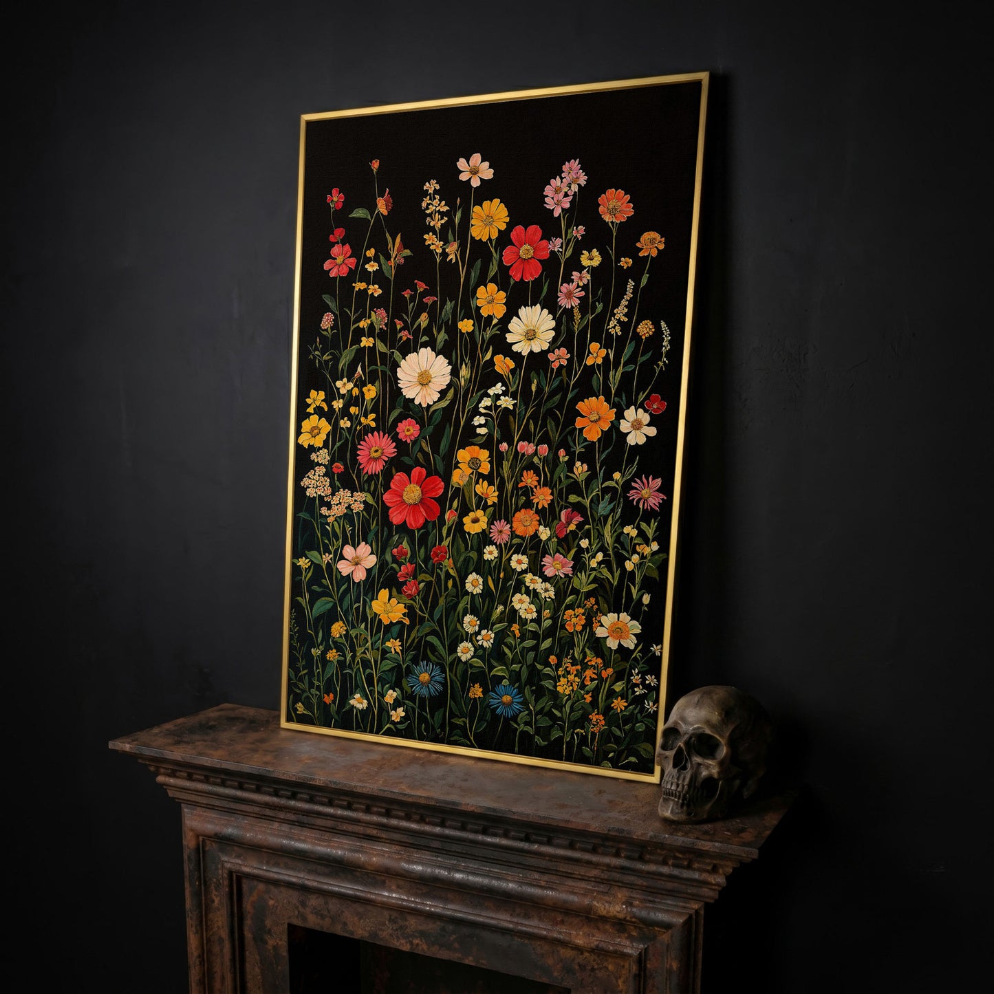 Spring Wildflowers on Black Canvas in yellow gold floating frame