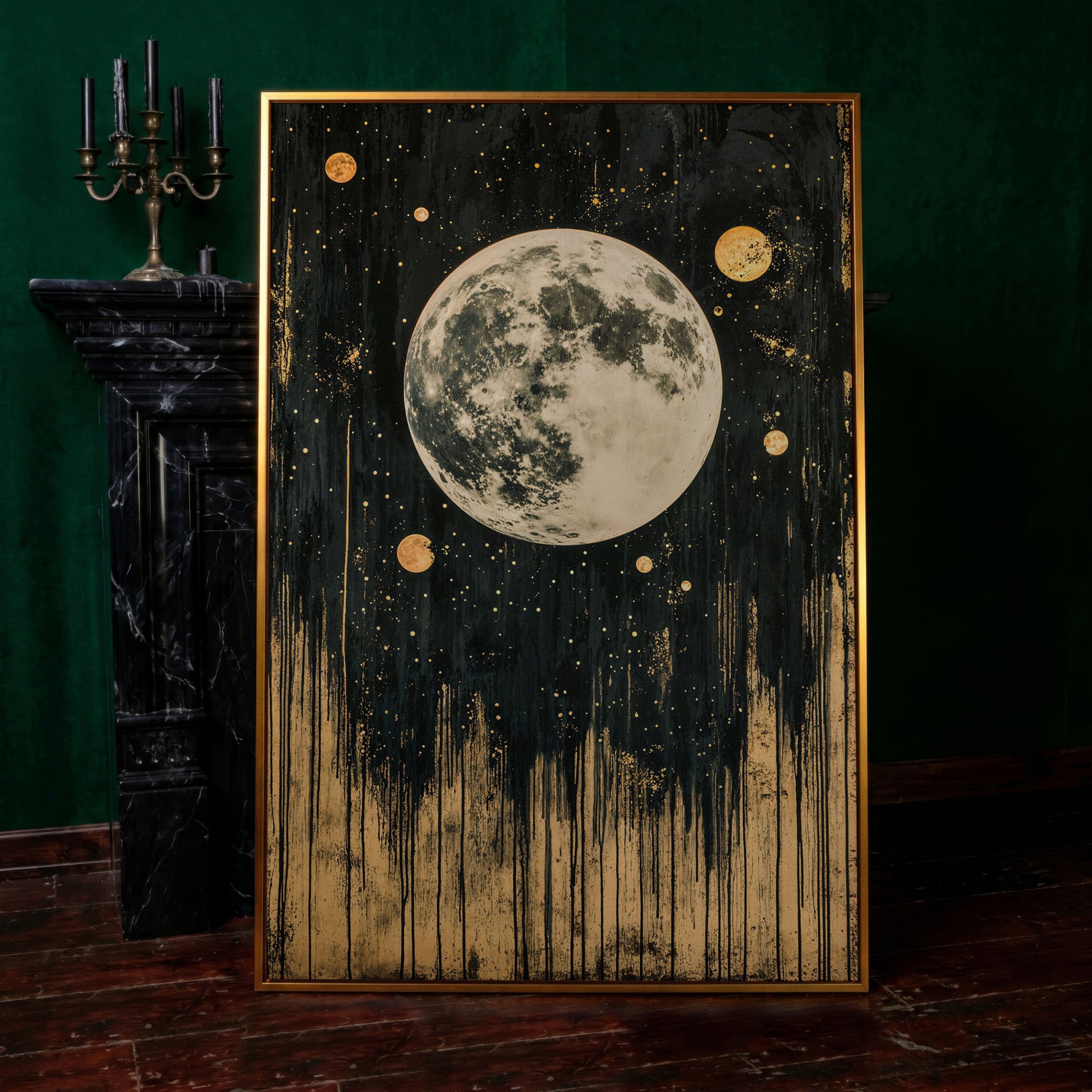Celestial Moonlight Canvas with Gold Drip in antique gold floating frame