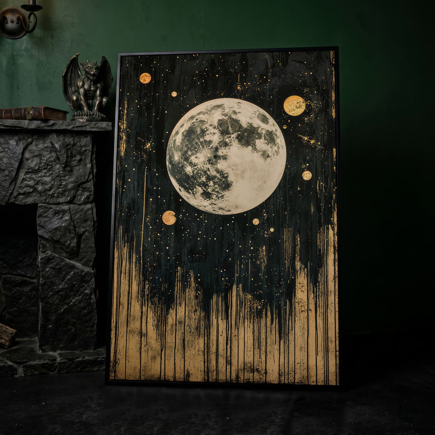 Celestial Moonlight Canvas with Gold Drip in black floating frame