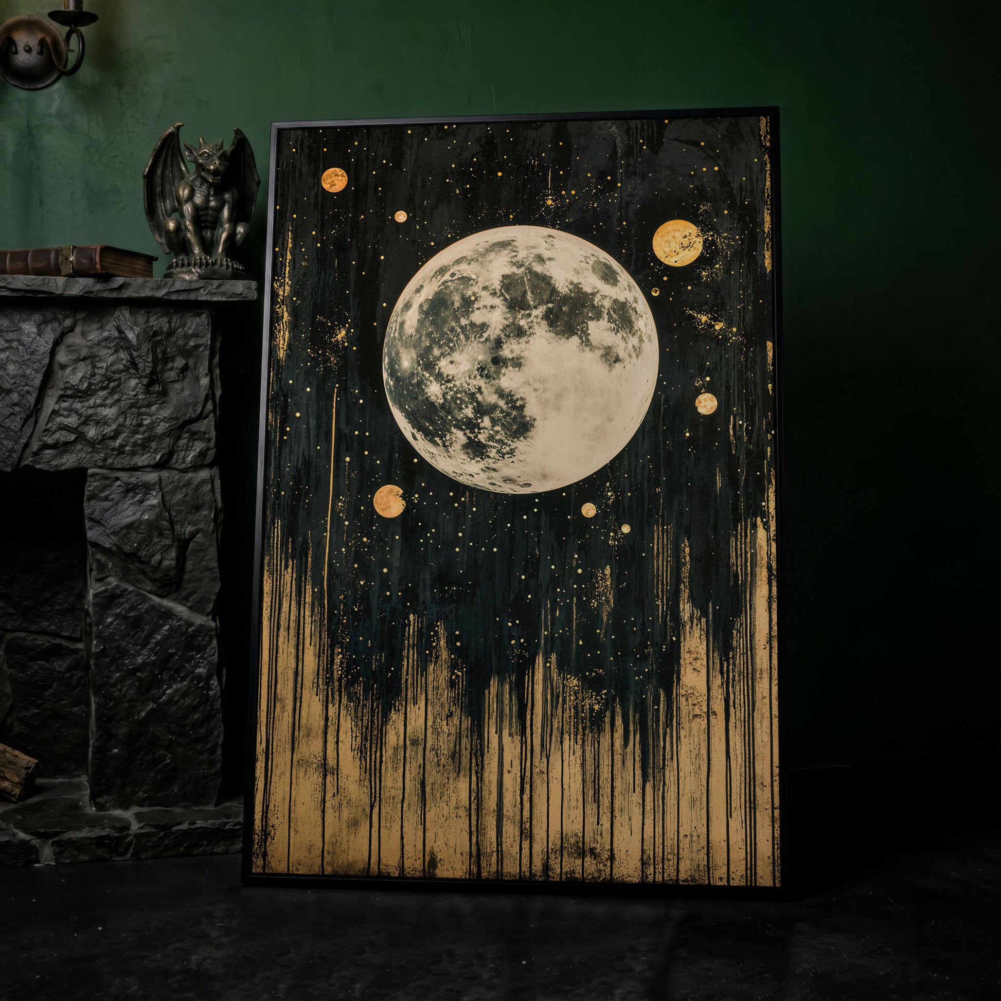 Celestial Moonlight Canvas with Gold Drip in black floating frame