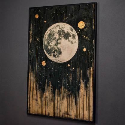 Celestial Moonlight Canvas with Gold Drip shown in black floating frame