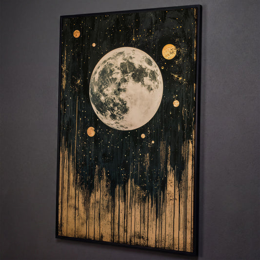 Celestial Moonlight Canvas with Gold Drip shown in black floating frame