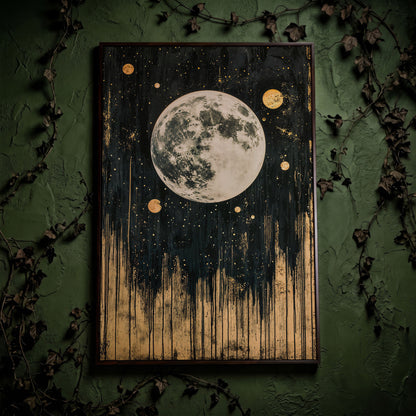 Celestial Moonlight Canvas with Gold Drip in dark walnut floating frame