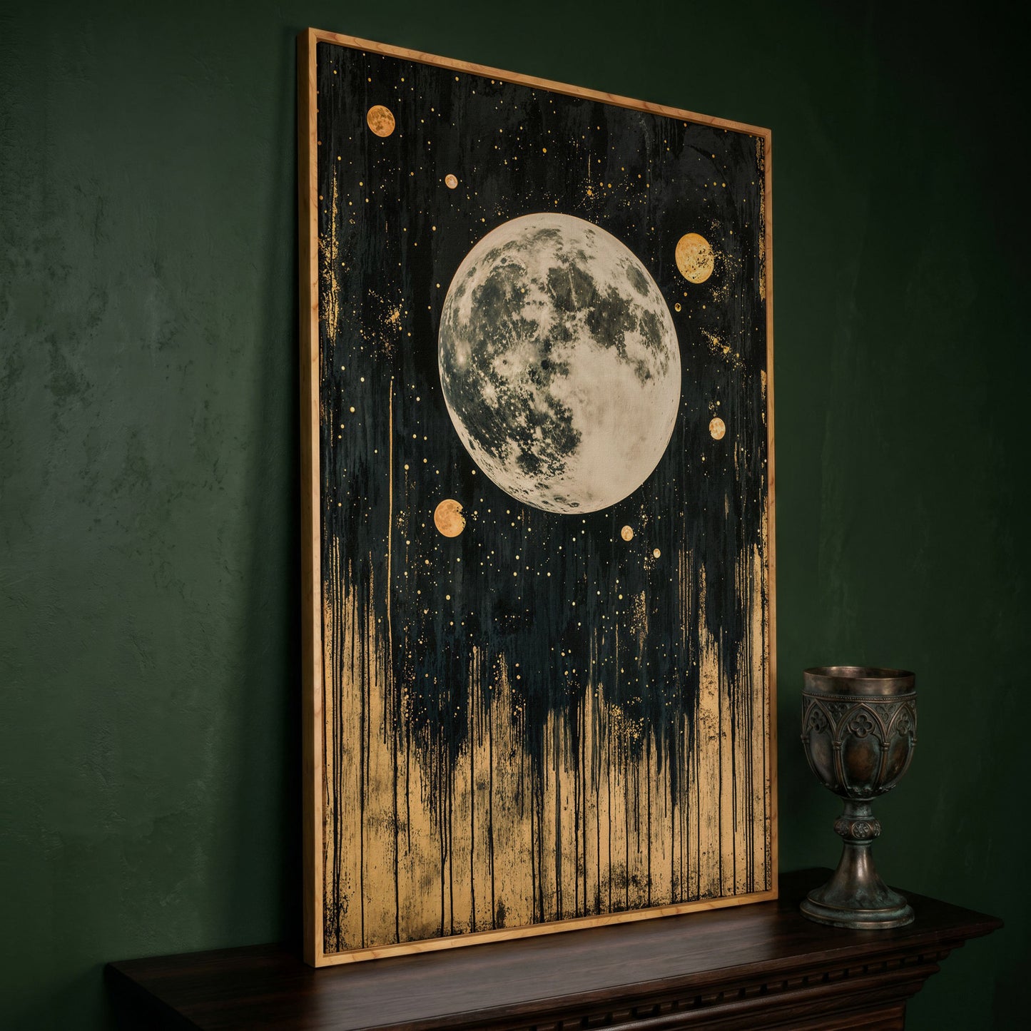 Celestial Moonlight Canvas with Gold Drip in white oak floating frame