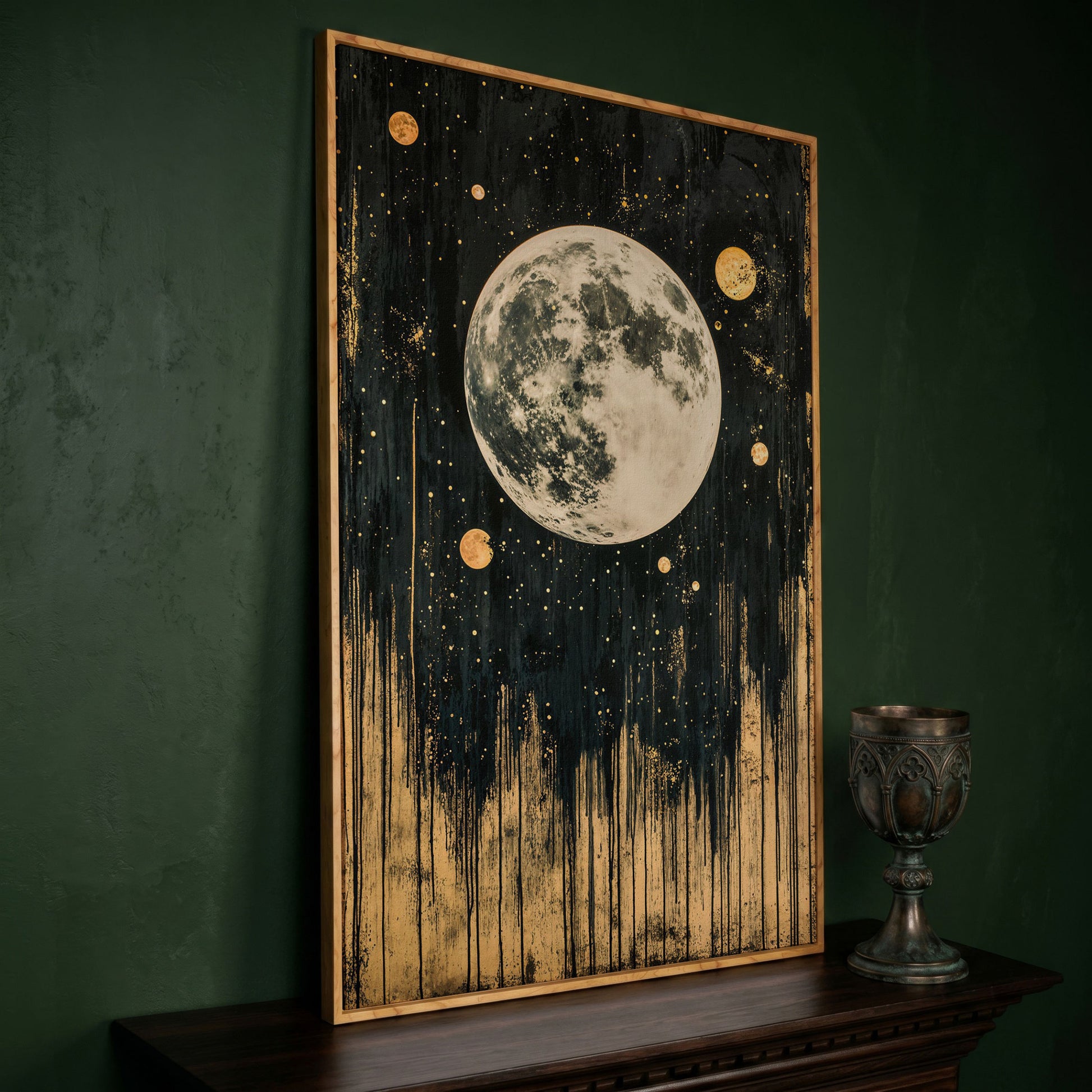 Celestial Moonlight Canvas with Gold Drip in white oak floating frame