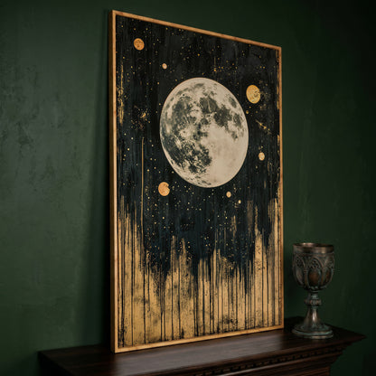 Celestial Moonlight Canvas with Gold Drip in white oak floating frame
