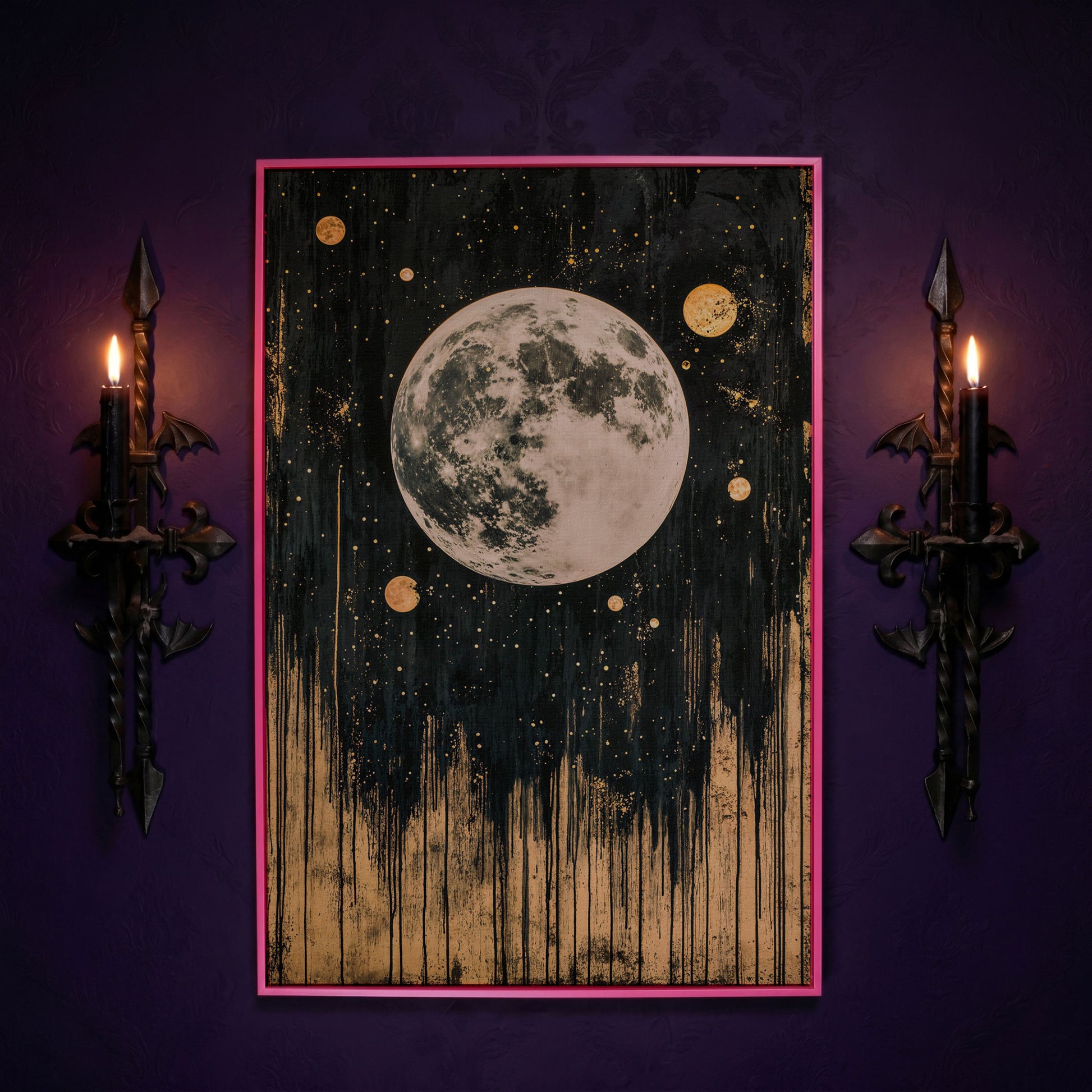 Celestial Moonlight Canvas with Gold Drip in pink floating frame
