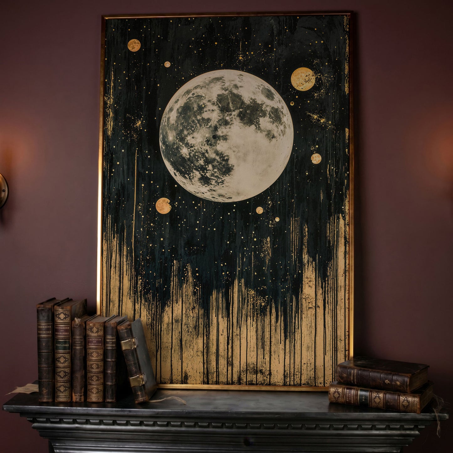 Celestial Moonlight Canvas with Gold Drip in rose gold floating frame
