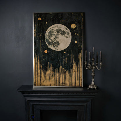 Celestial Moonlight Canvas with Gold Drip in silver floating frame