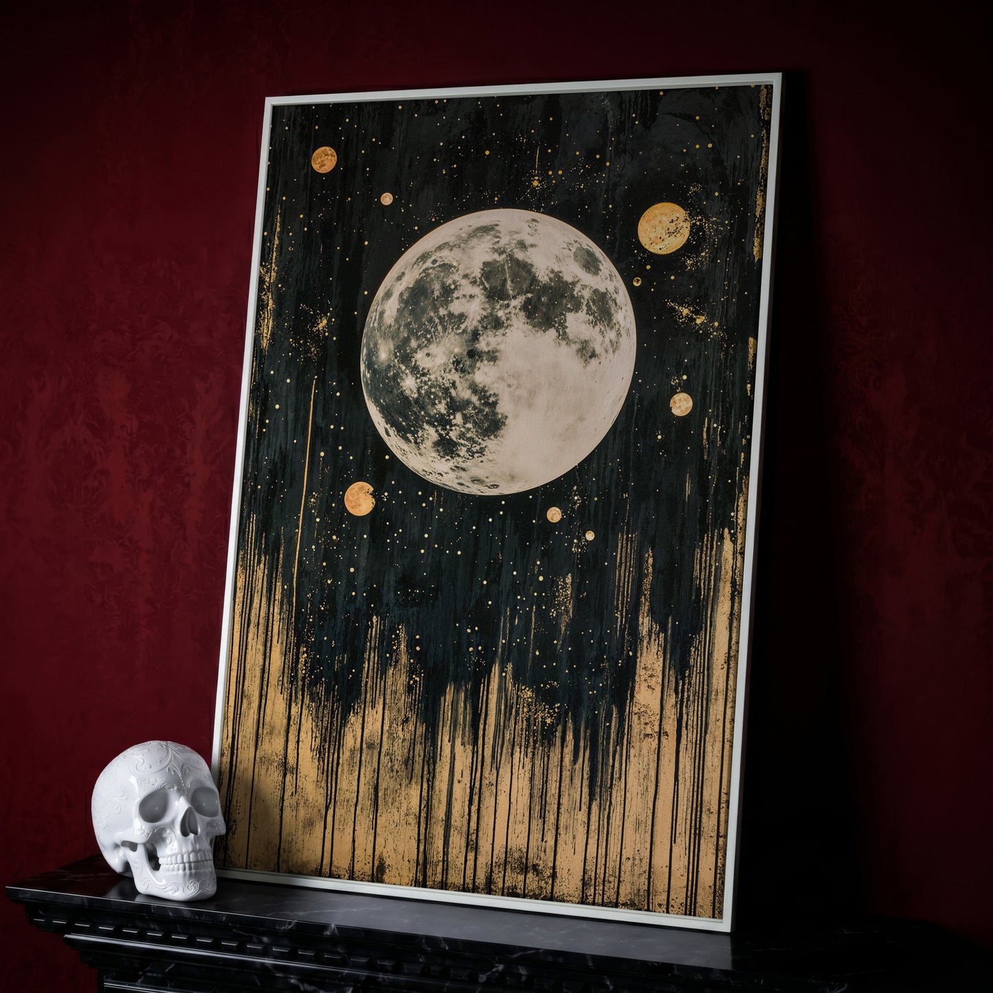 Celestial Moonlight Canvas with Gold Drip in white floating frame