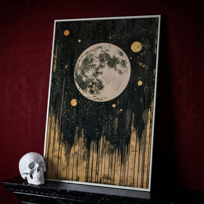 Celestial Moonlight Canvas with Gold Drip in white floating frame
