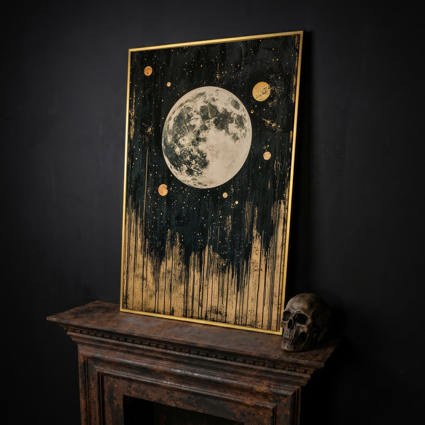 Celestial Moonlight Canvas with Gold Drip in yellow gold floating frame