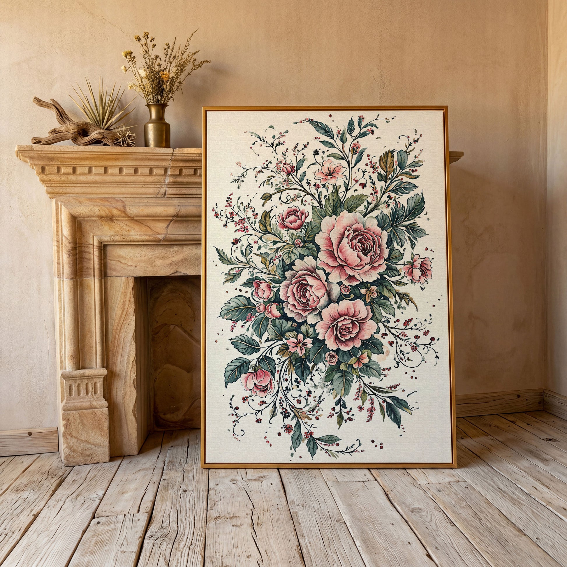 Pink Roses with Green Foliage Canvas in antique gold floating frame