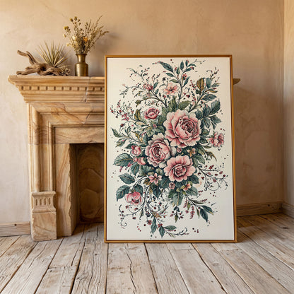 Pink Roses with Green Foliage Canvas in antique gold floating frame