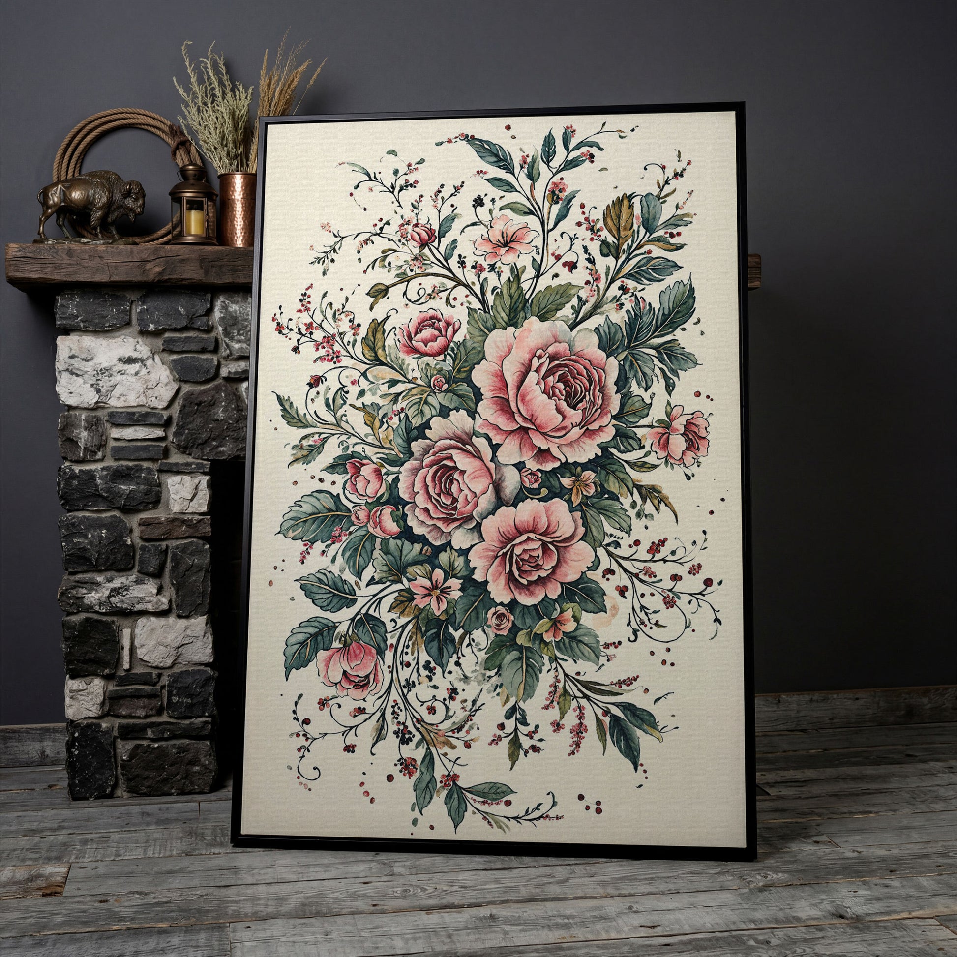 Pink Roses with Green Foliage Canvas in black floating frame