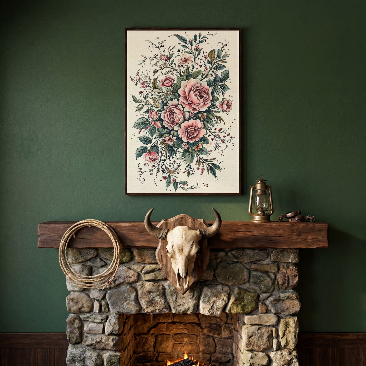 Pink Roses with Green Foliage Canvas in dark walnut floating frame