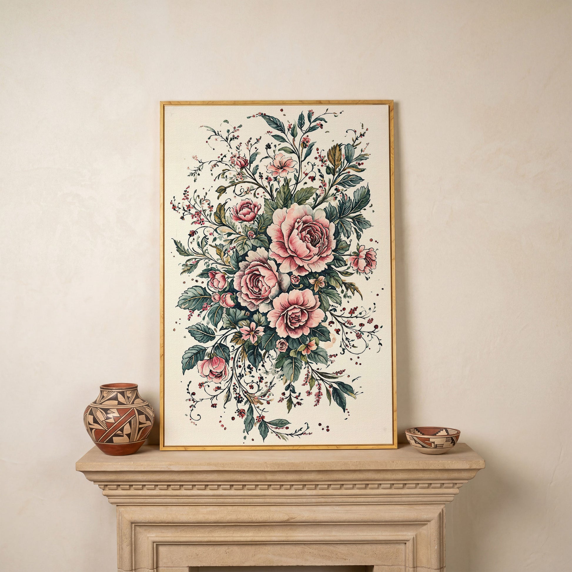 Pink Roses with Green Foliage Canvas in white oak floating frame