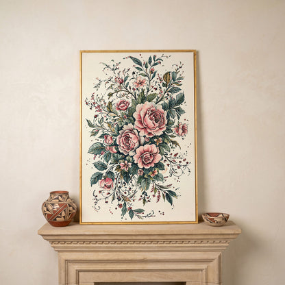 Pink Roses with Green Foliage Canvas in white oak floating frame