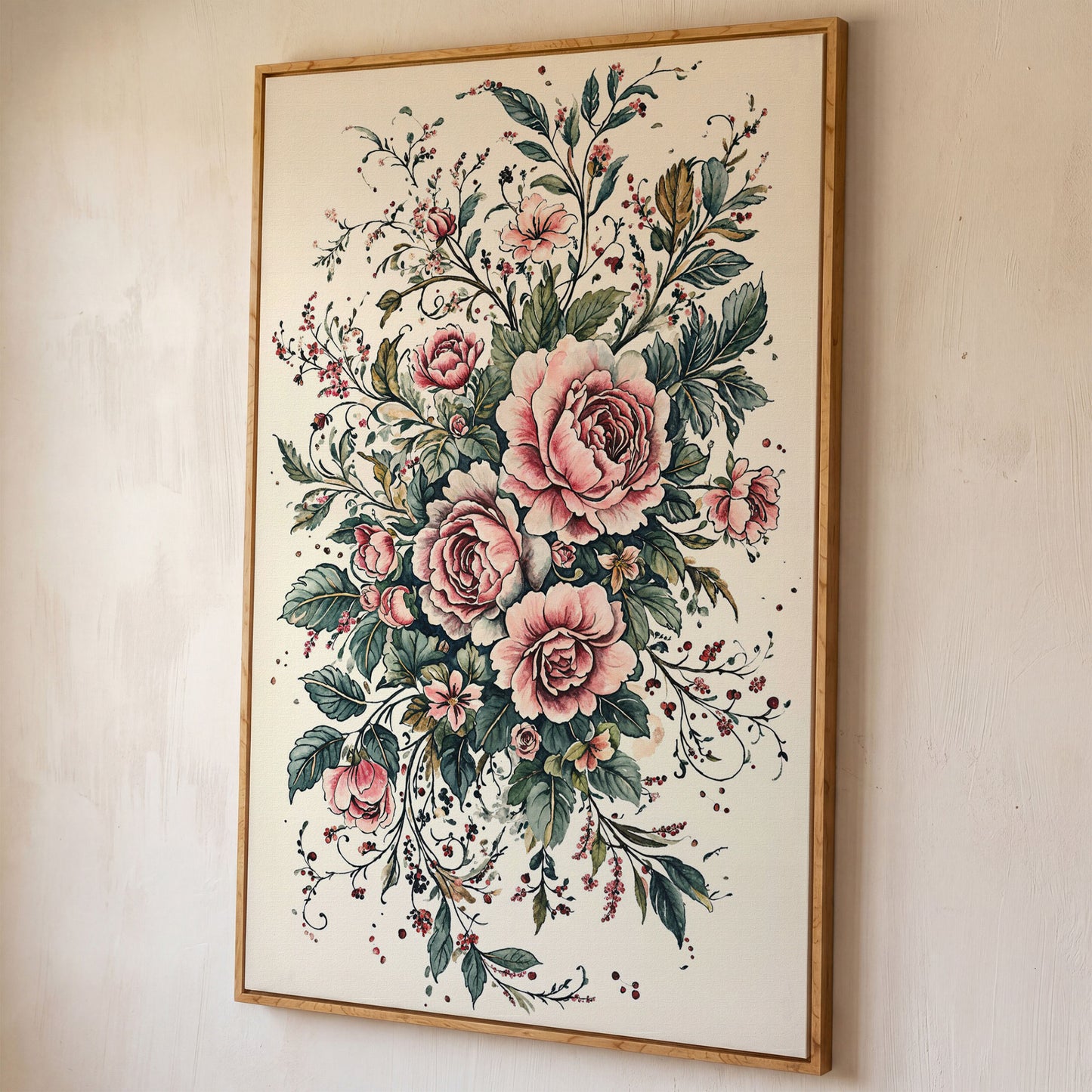 Pink Roses with Green Foliage Canvas shown in white oak floating frame