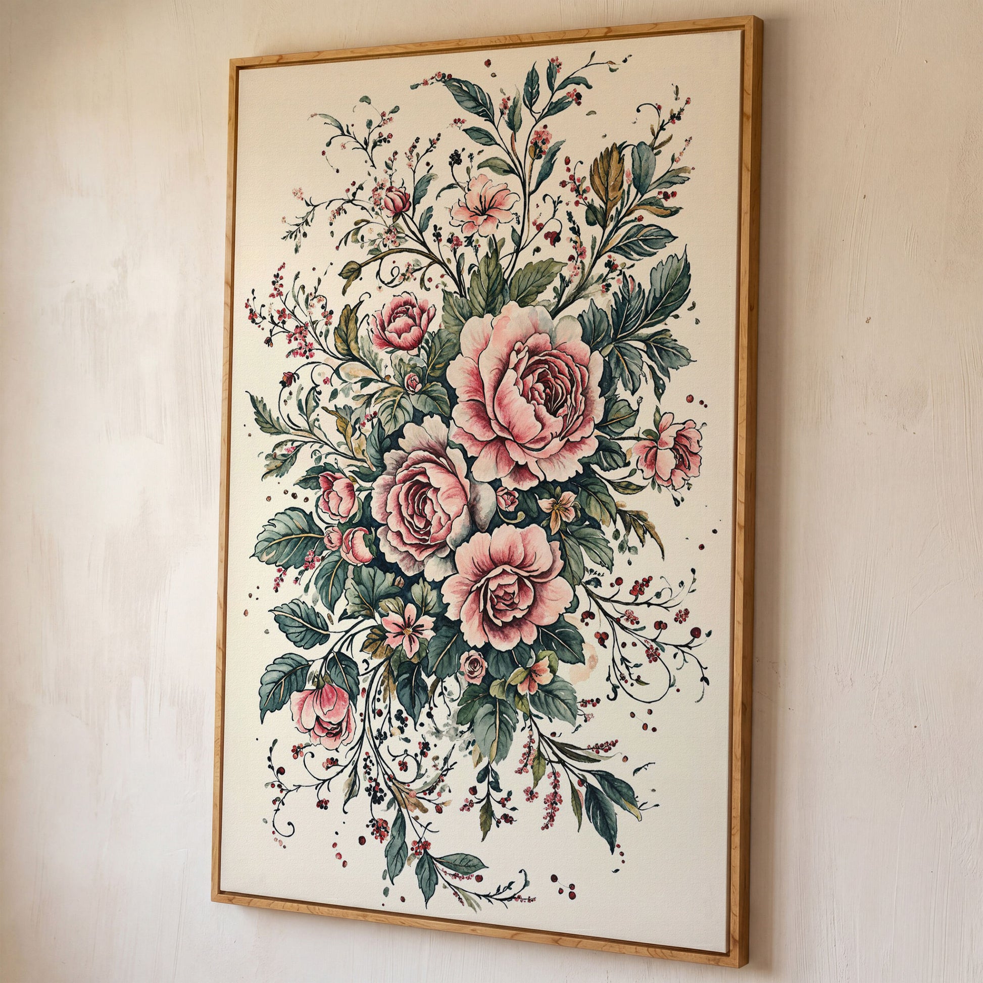 Pink Roses with Green Foliage Canvas shown in white oak floating frame