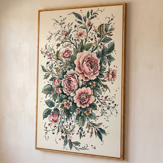 Pink Roses with Green Foliage Canvas shown in white oak floating frame