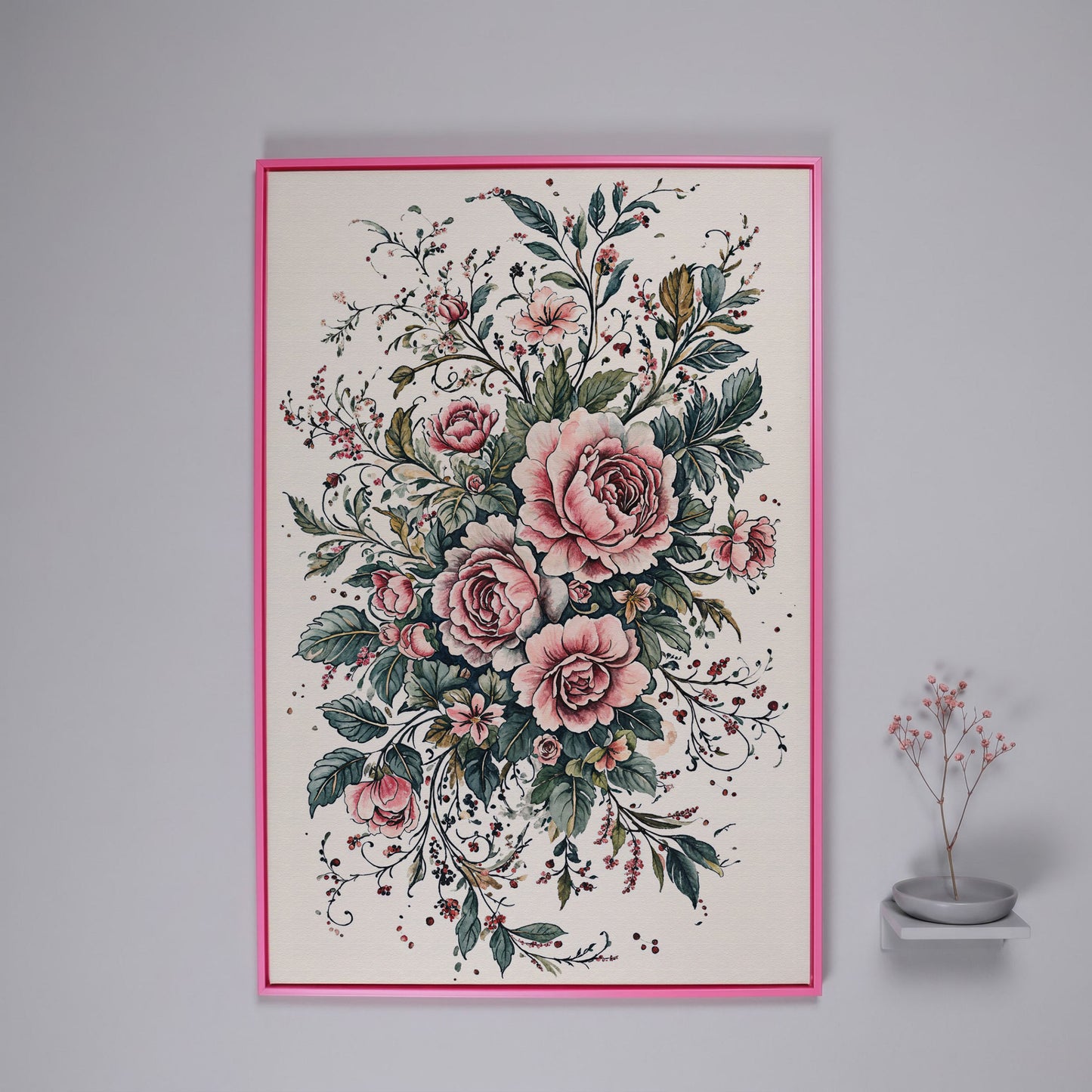 Pink Roses with Green Foliage Canvas in pink floating frame