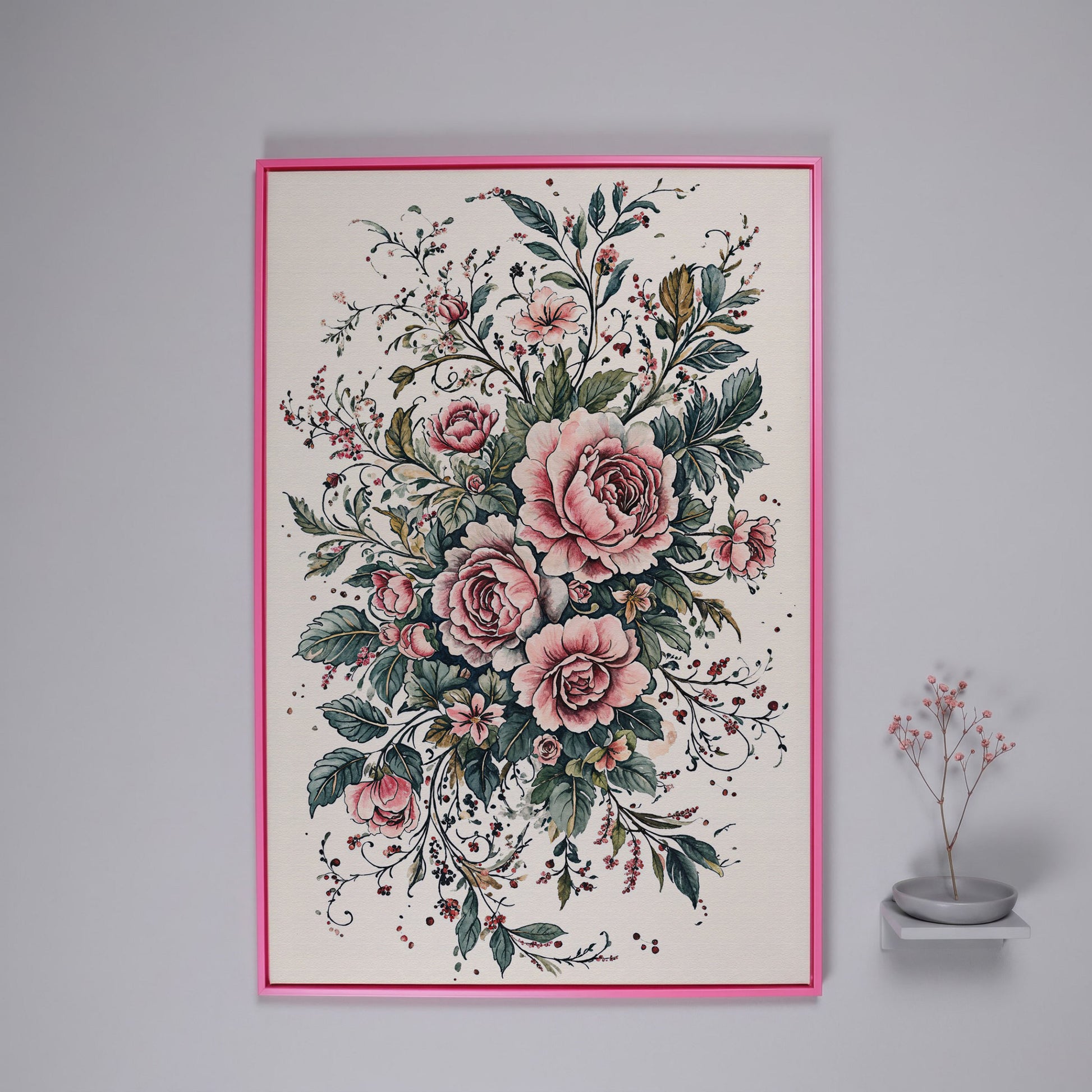 Pink Roses with Green Foliage Canvas in pink floating frame