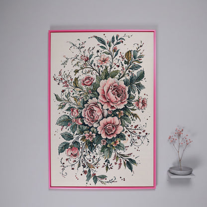 Pink Roses with Green Foliage Canvas in pink floating frame