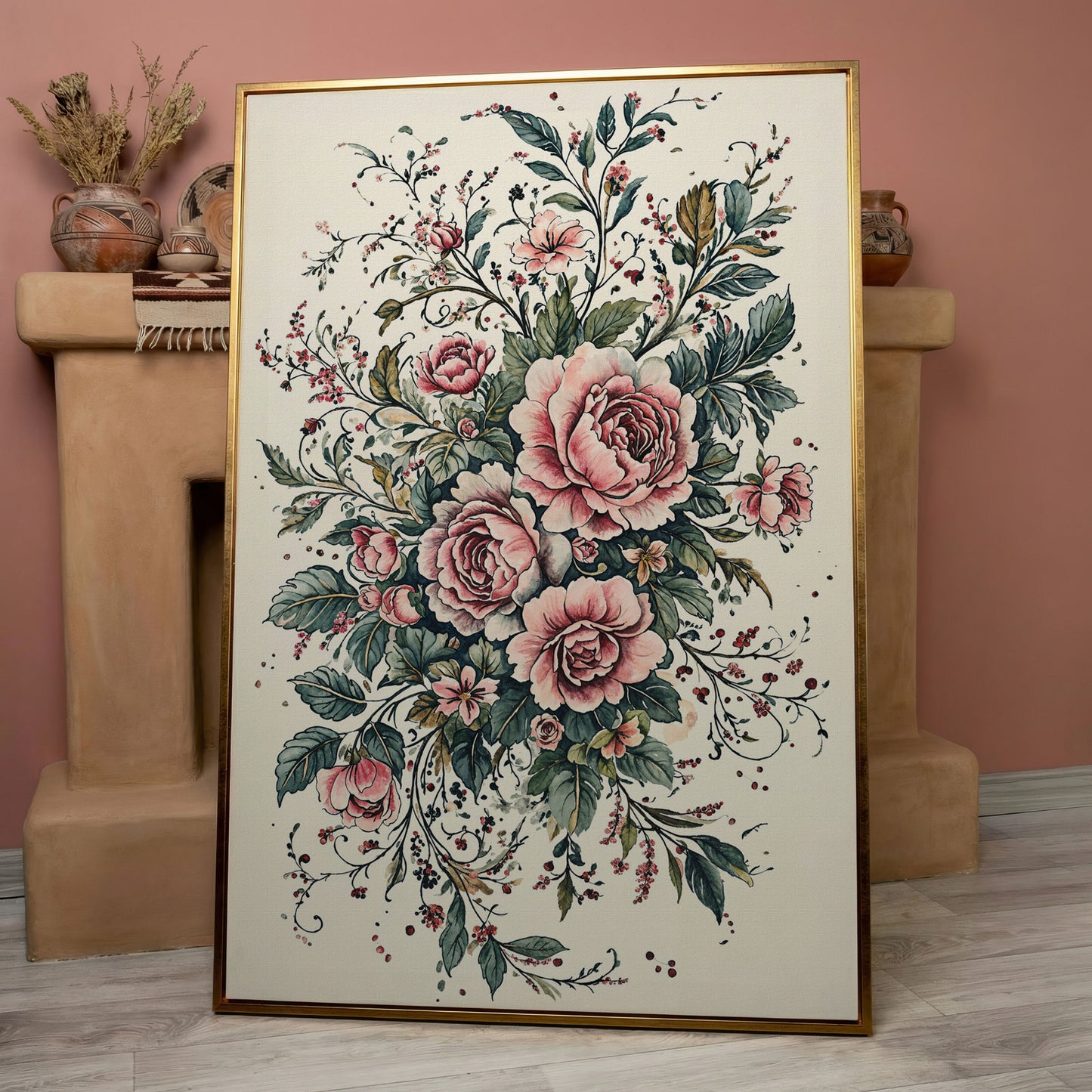 Pink Roses with Green Foliage Canvas in rose gold floating frame