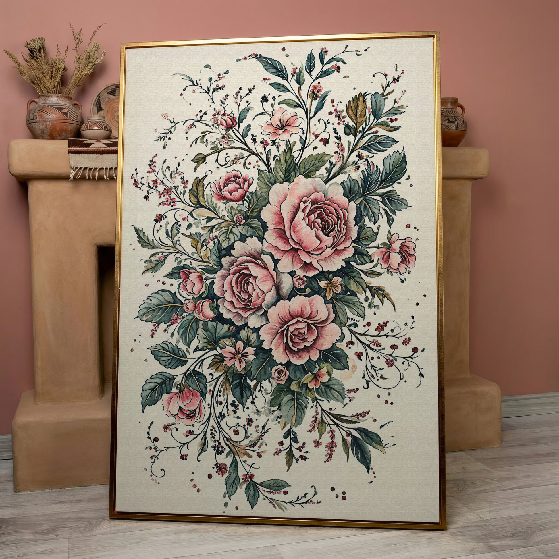 Pink Roses with Green Foliage Canvas in rose gold floating frame