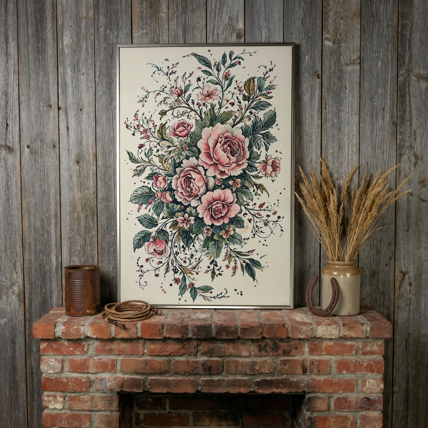 Pink Roses with Green Foliage Canvas in silver floating frame