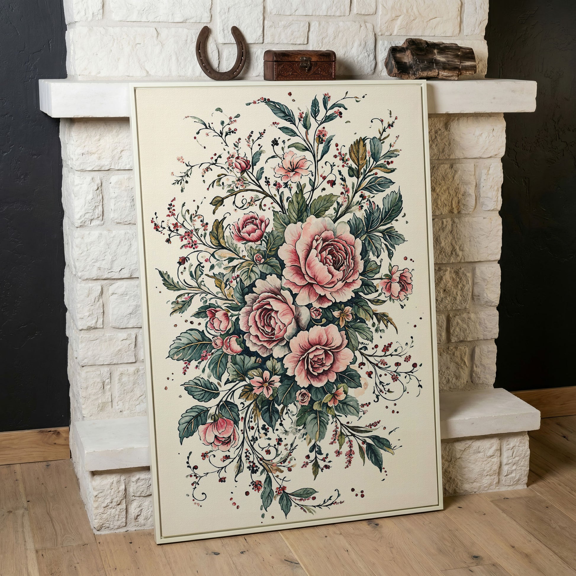 Pink Roses with Green Foliage Canvas in white floating frame